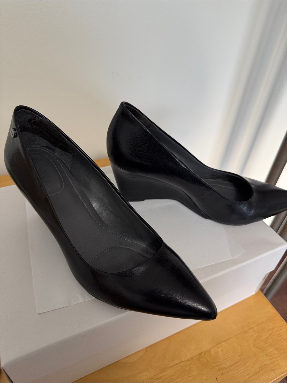Calvin Klein Black Pointed-Toe Leather Wedge Pumps